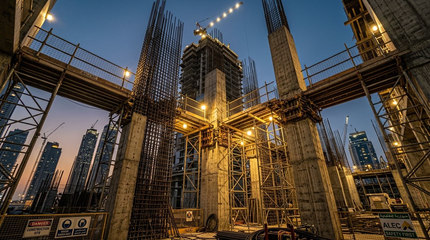 Dubai tower structural concrete and steel under construction